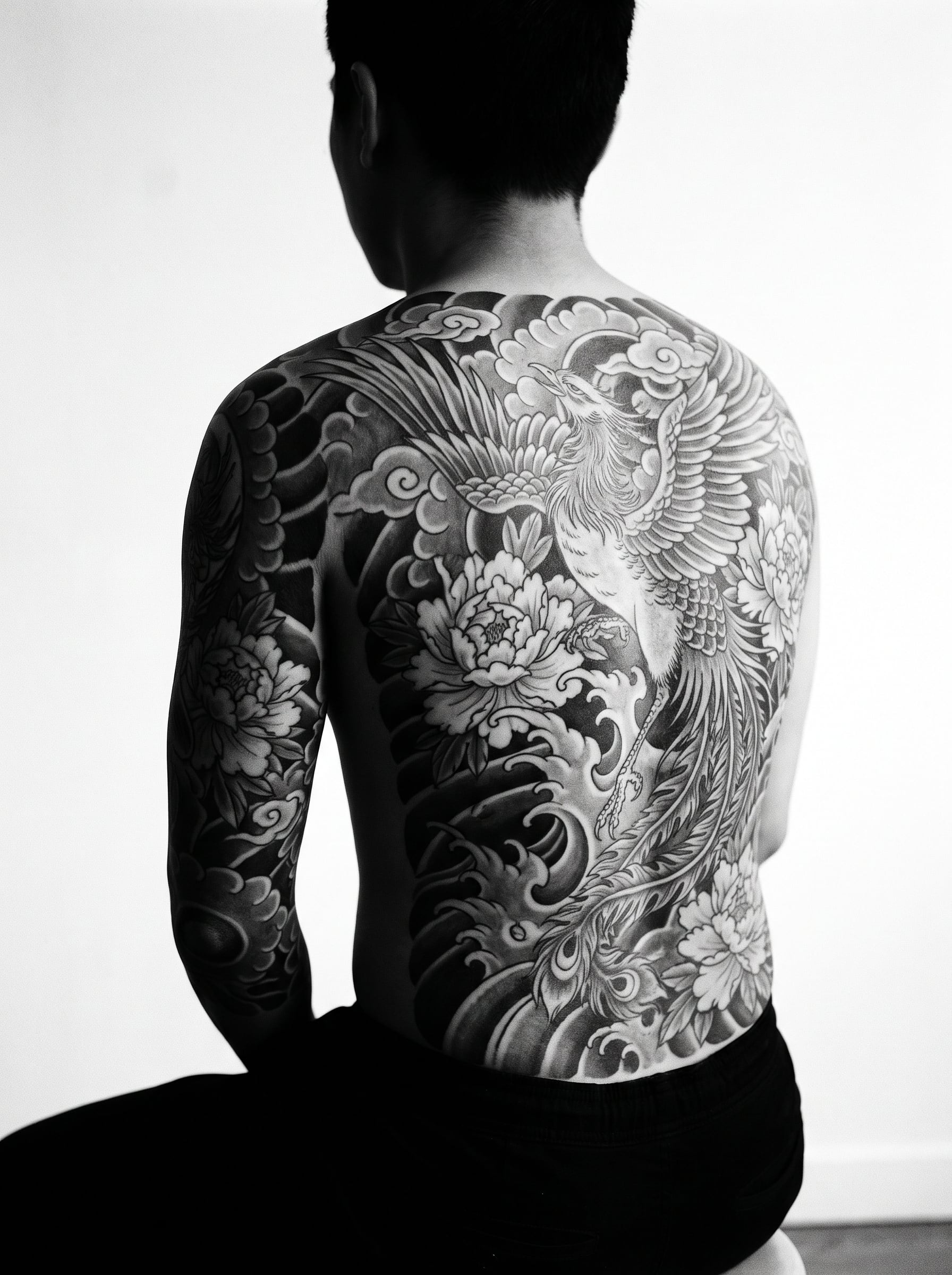 Costas fechadas em oriental preto e cinza com uma fênix entre peônias e ondas.