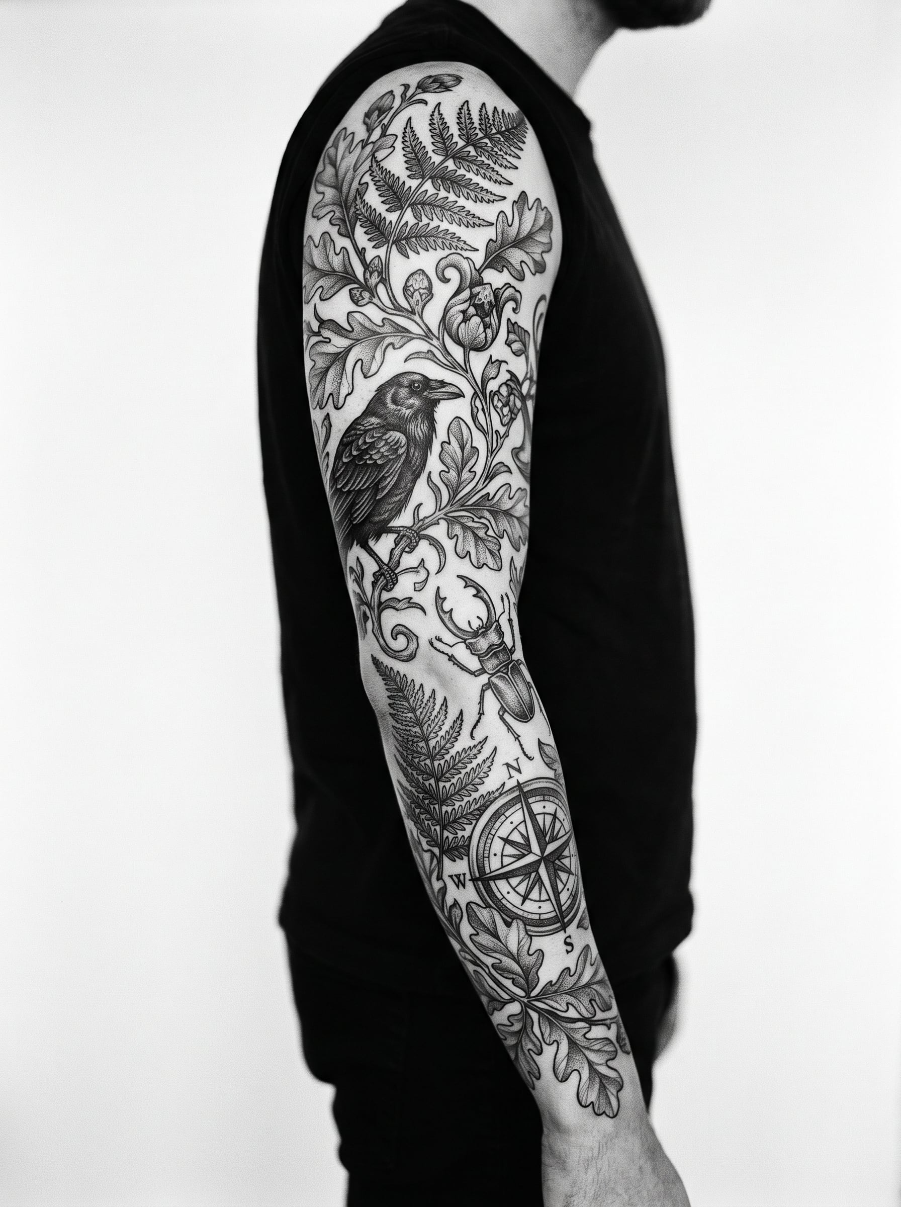 Braço fechado em blackwork com um corvo pousado entre samambaias, folhas de carvalho, um besouro e uma rosa dos ventos.