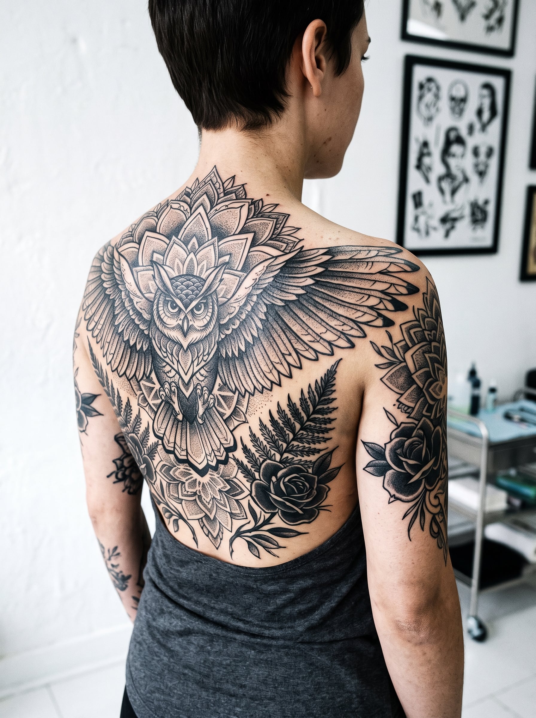 Costas tatuadas com uma coruja de asas abertas sobre uma mandala pontilhada, com samambaias e rosas.