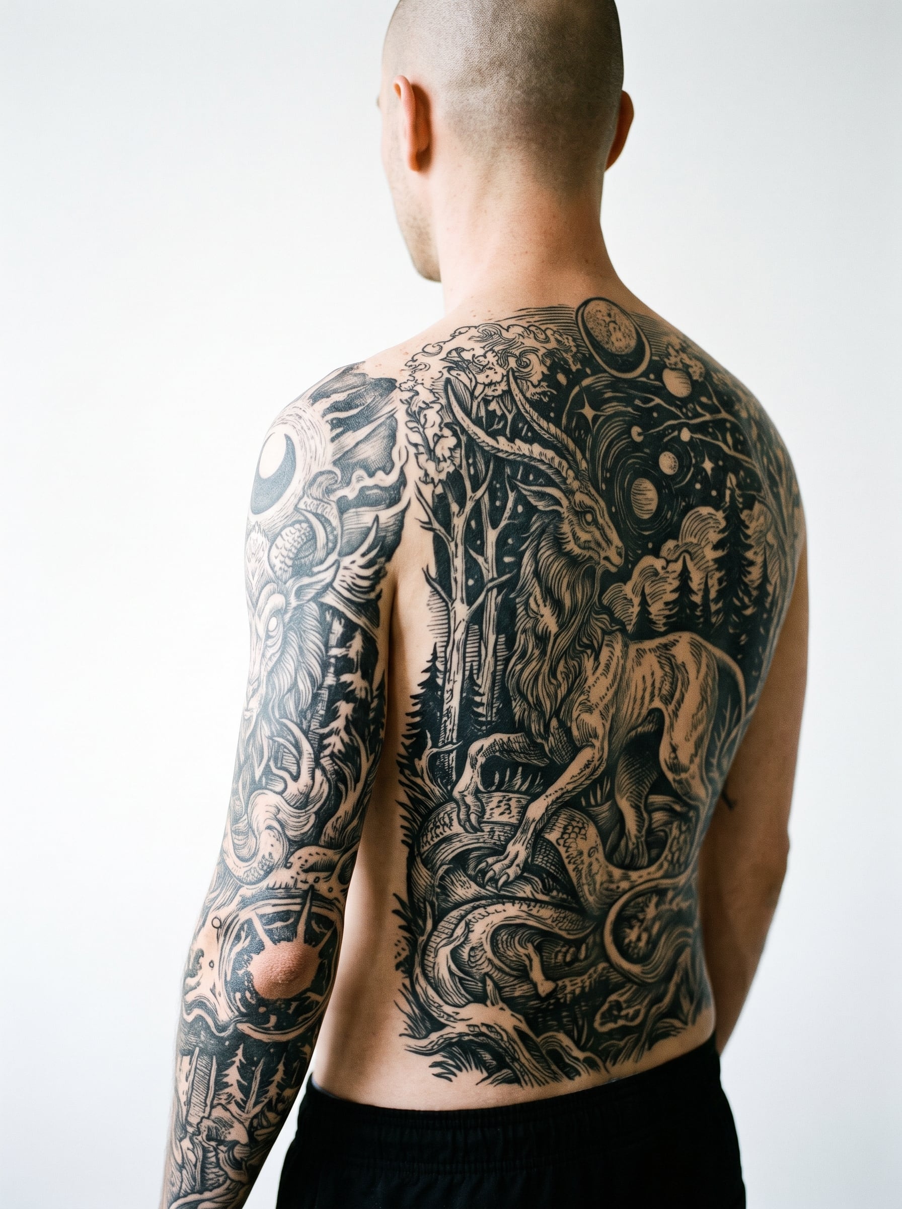 Costas masculinas tatuadas em estilo gravura com um bode em uma floresta de pinheiros sob planetas e luas.