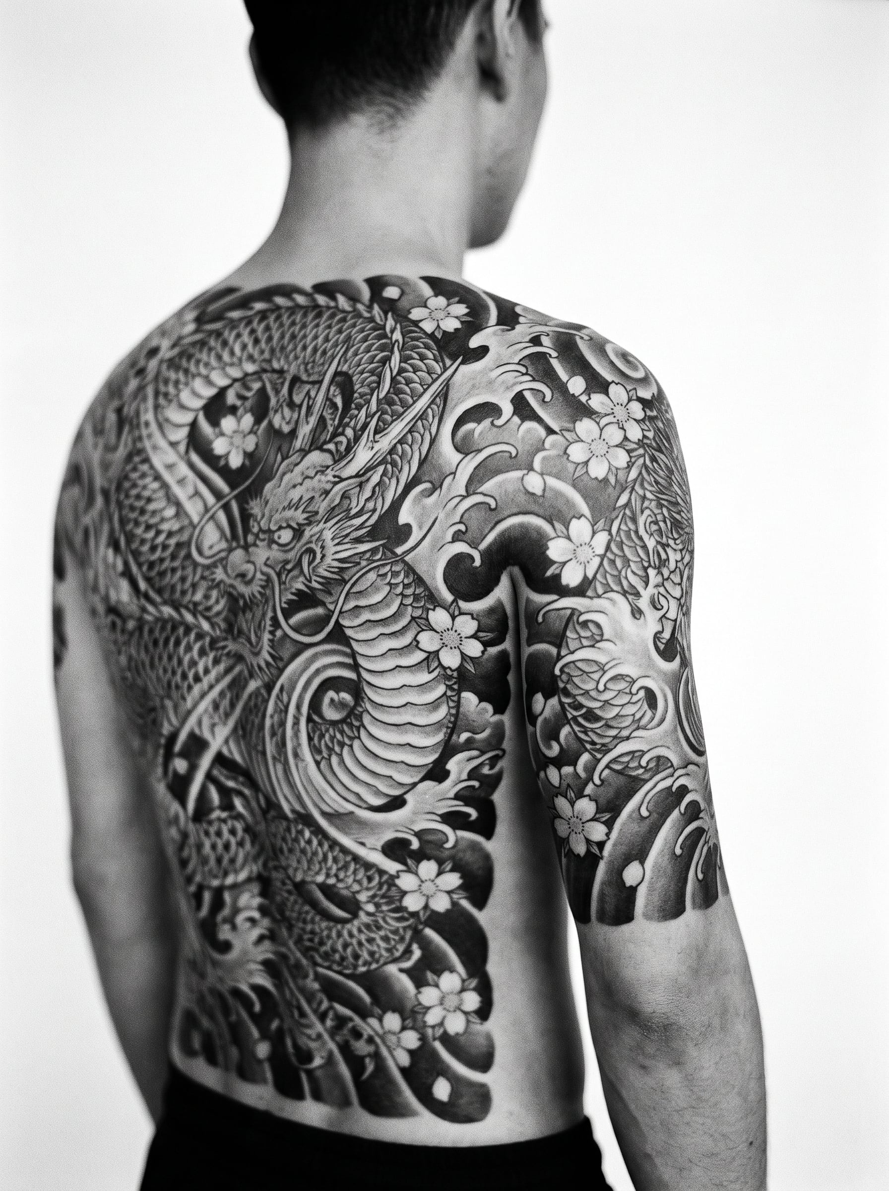 Costas fechadas em oriental preto e cinza com um dragão entre ondas e flores de cerejeira.