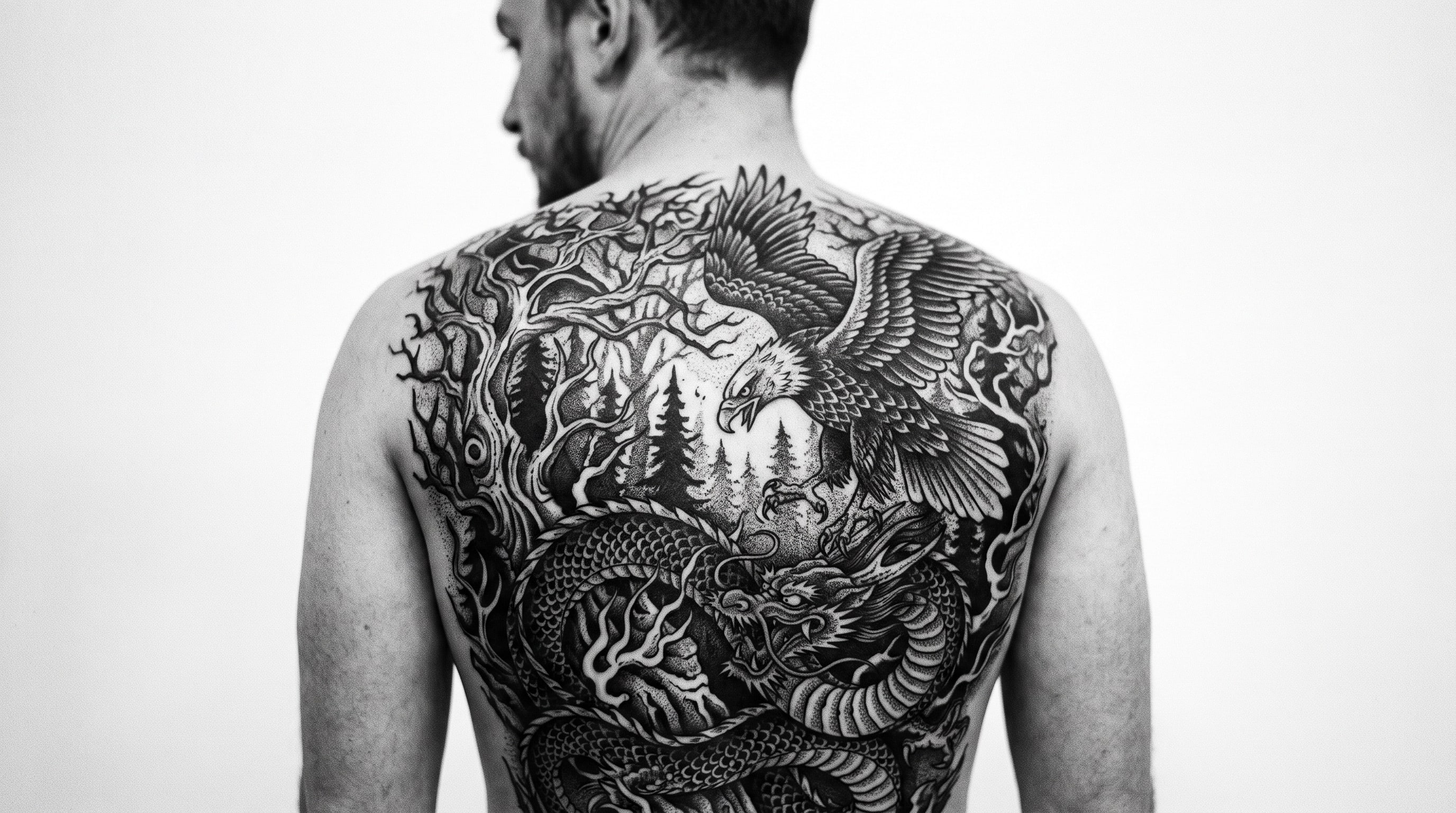 Homem de costas com as costas inteiras tatuadas: uma águia de asas abertas sobre um dragão, entre árvores e pinheiros.